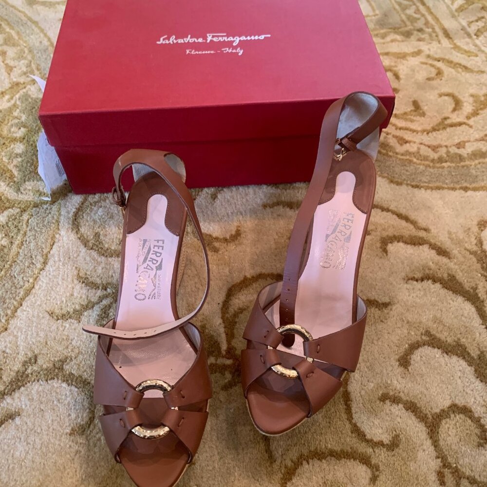Salvatore Ferragamo Tan, Calf Leather with Natural Straw Wedges